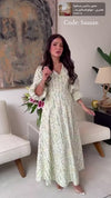 Luxury Poplin A-Line Ankle Length Dress with Floral Print & V-Neck