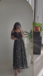 Black Floral Maxi Dress with Off-Shoulder Detail