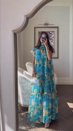 Printed Organza Maxi Dress with Back Bow Tie
