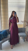 Burgundy Embellished Crepe Cape Dress