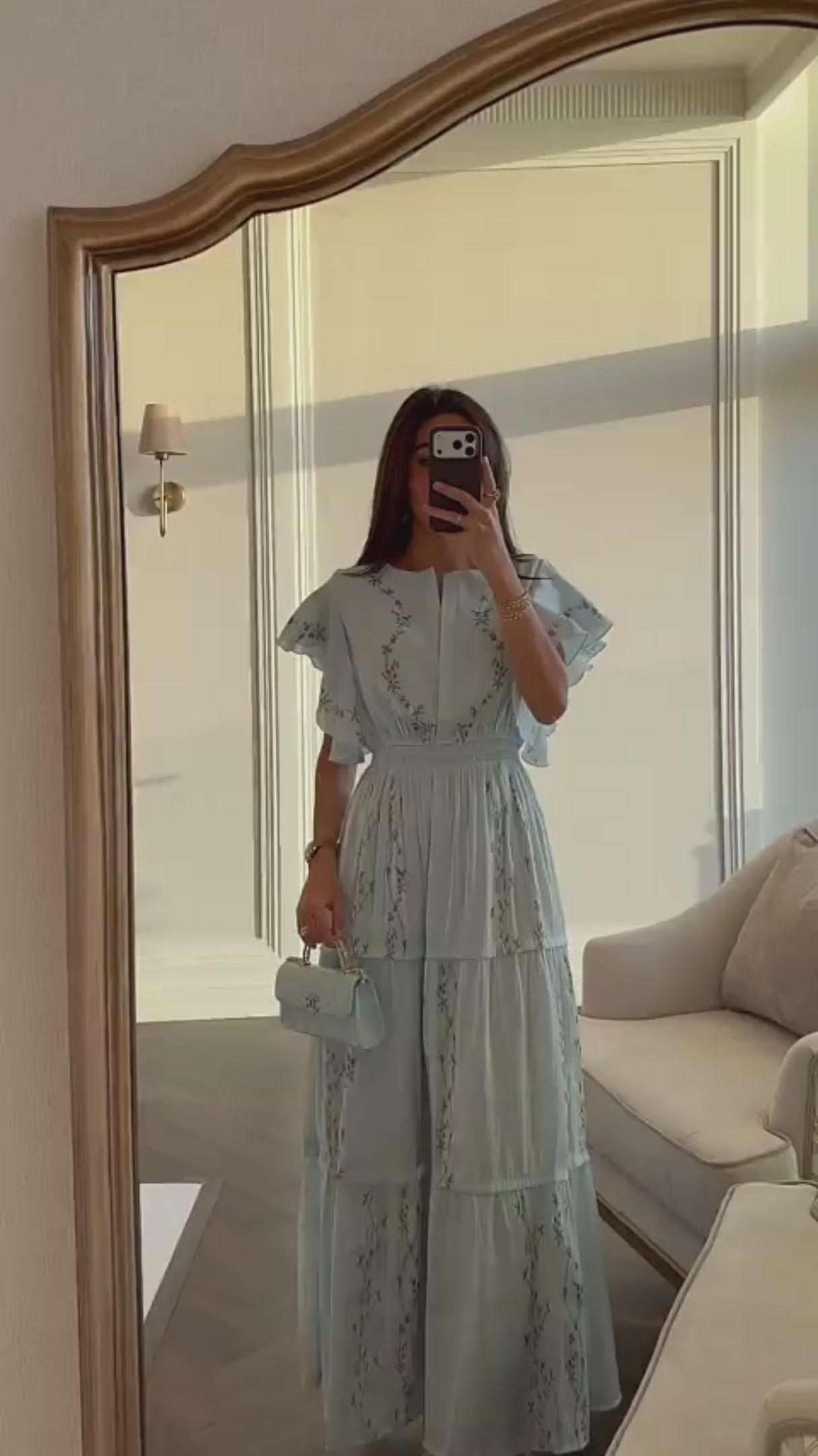 Light Blue Shimmery Chiffon Maxi Dress with Flutter Sleeves