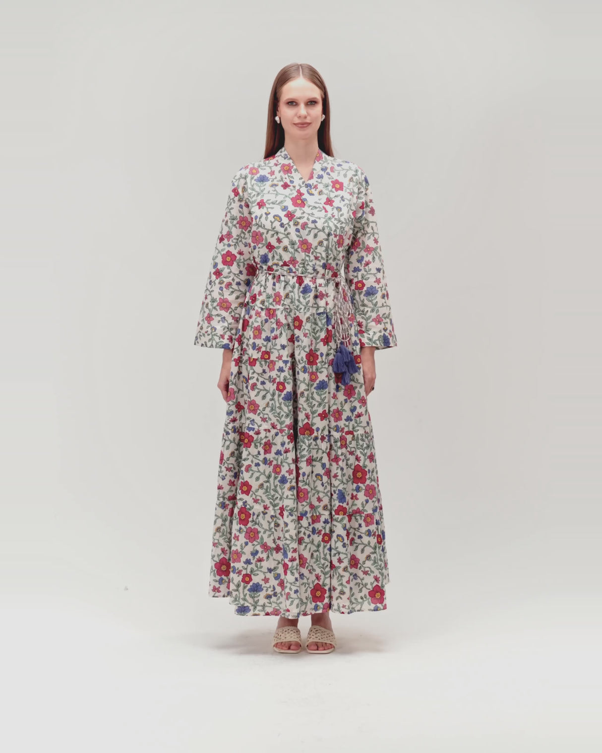 Floral Tiered Maxi Wrap Dress with Waist Tie Tassels