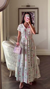 Luxury Linen Maxi Dress with Floral Print & Fringe Detail