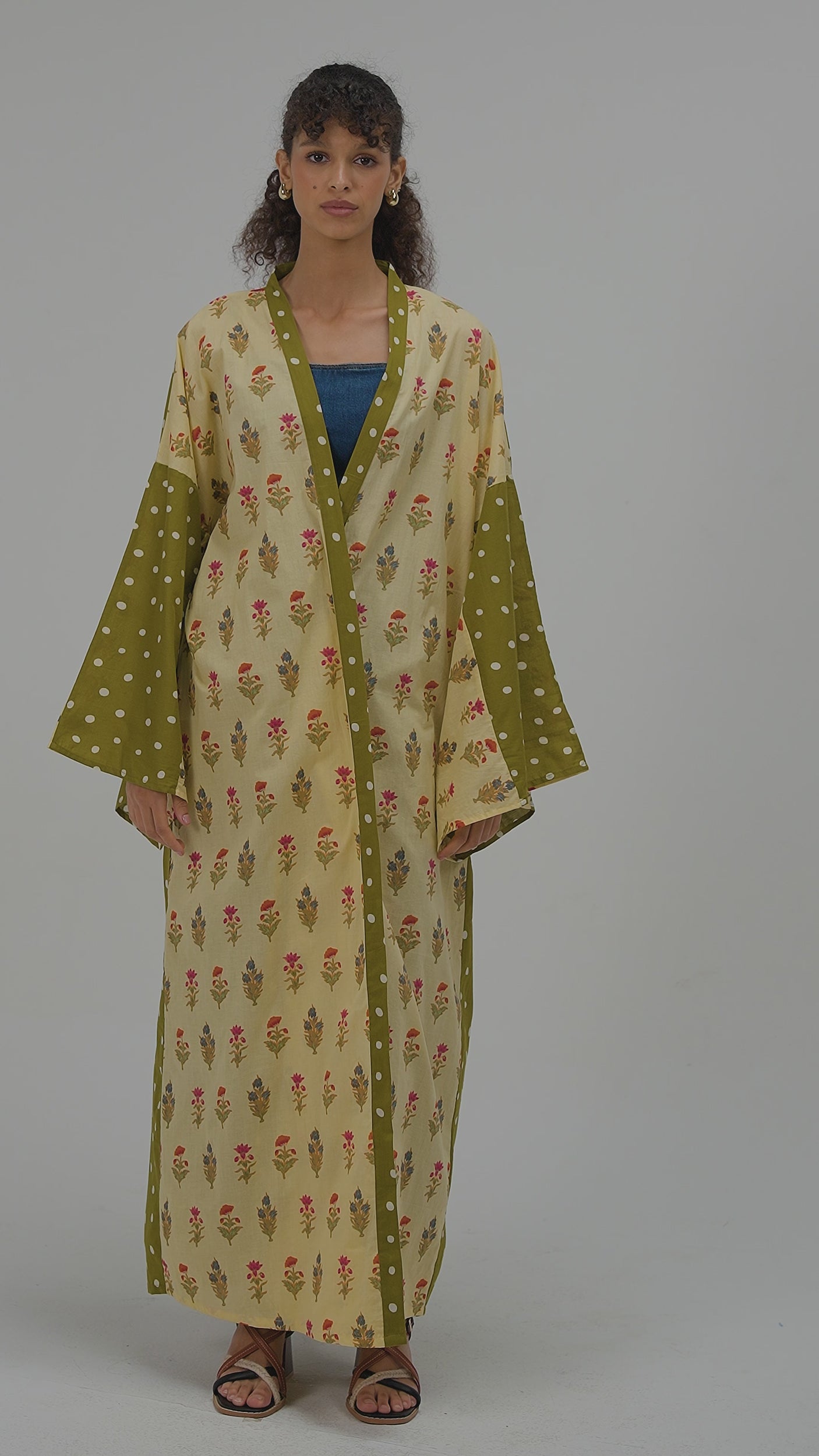 Printed Cotton Green Polka Dots Mixed Print Kimono Abaya
