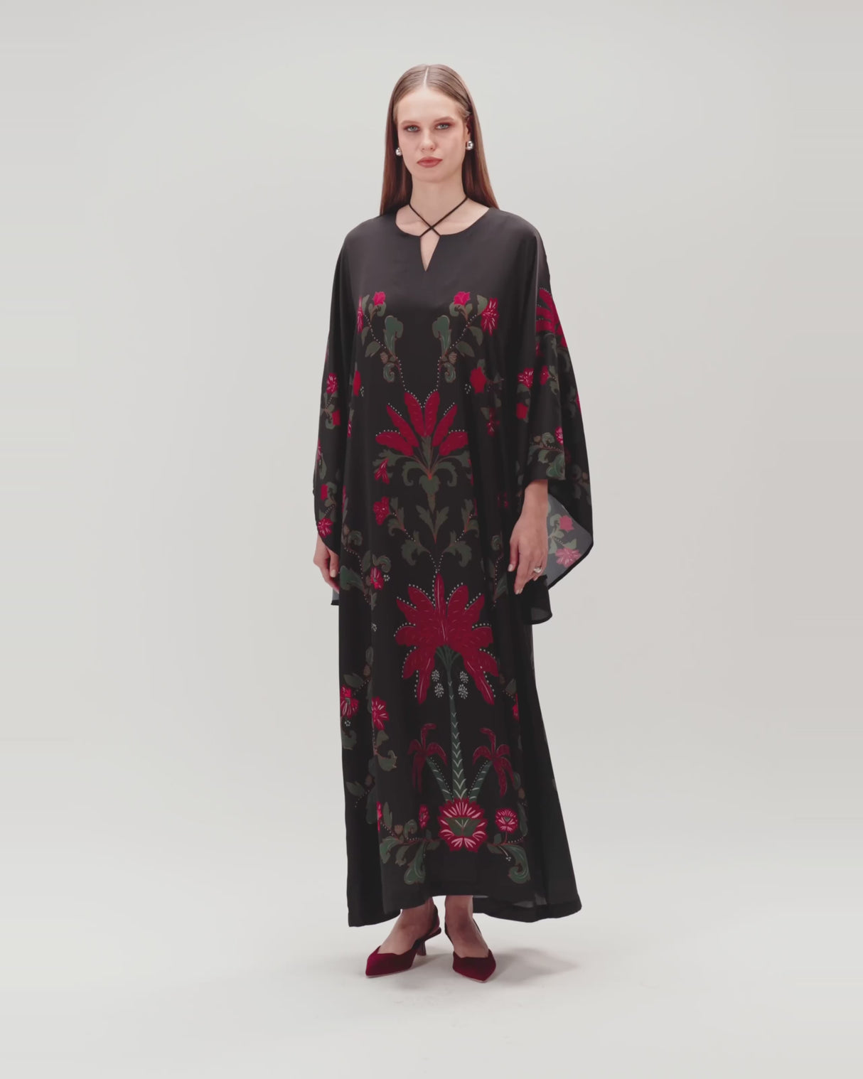 Satin Black Botanical Printed Kaftan