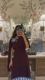 Burgundy Embellished Crepe Cape Dress