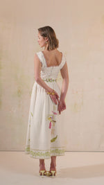 Tropical Harmony: Floral Placement Printed Linen Top & Midi Skirt Set