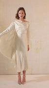 Cream Crinkled Satin Asymmetric Cape Sleeve Dress
