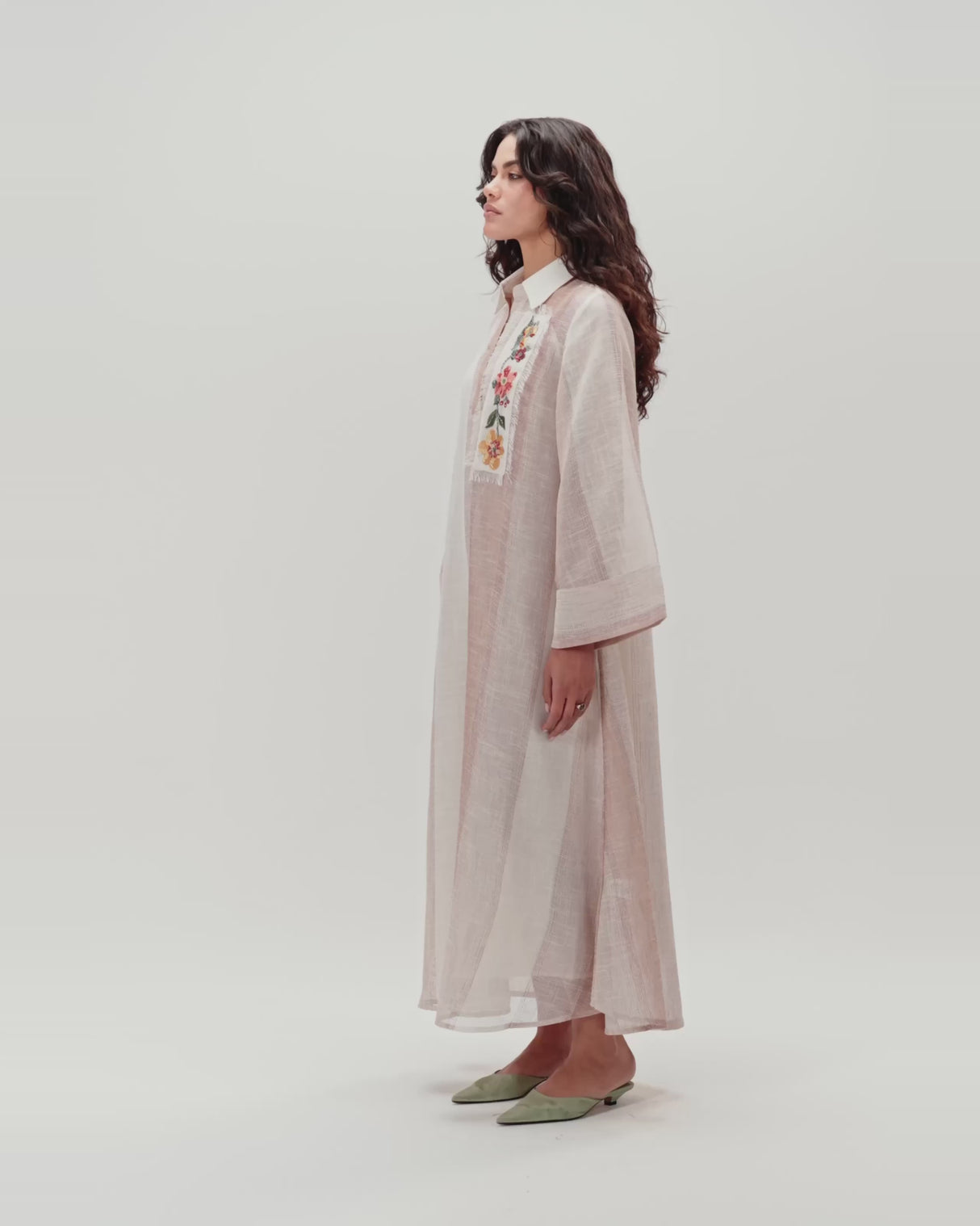 Maxi Shirt Dress with Handcrafted Floral Embroidery