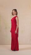 Red Satin Jacquard One-Shoulder Maxi Bias Cut Dress