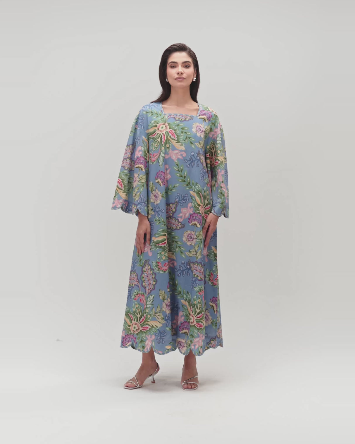 Blue Floral Maxi Dress with Square Neckline