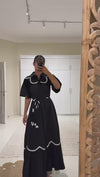 Black Poplin Maxi Dress with Lace Inserts and Beaded Waist Belt
