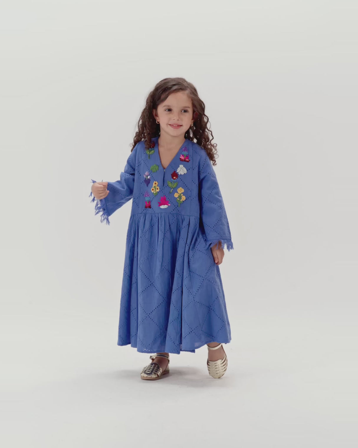 Kids Eyelet Cotton A-Line Dress with Handmade Beaded & Sequin Details