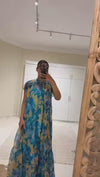 Printed Organza Maxi Dress with Back Bow Tie
