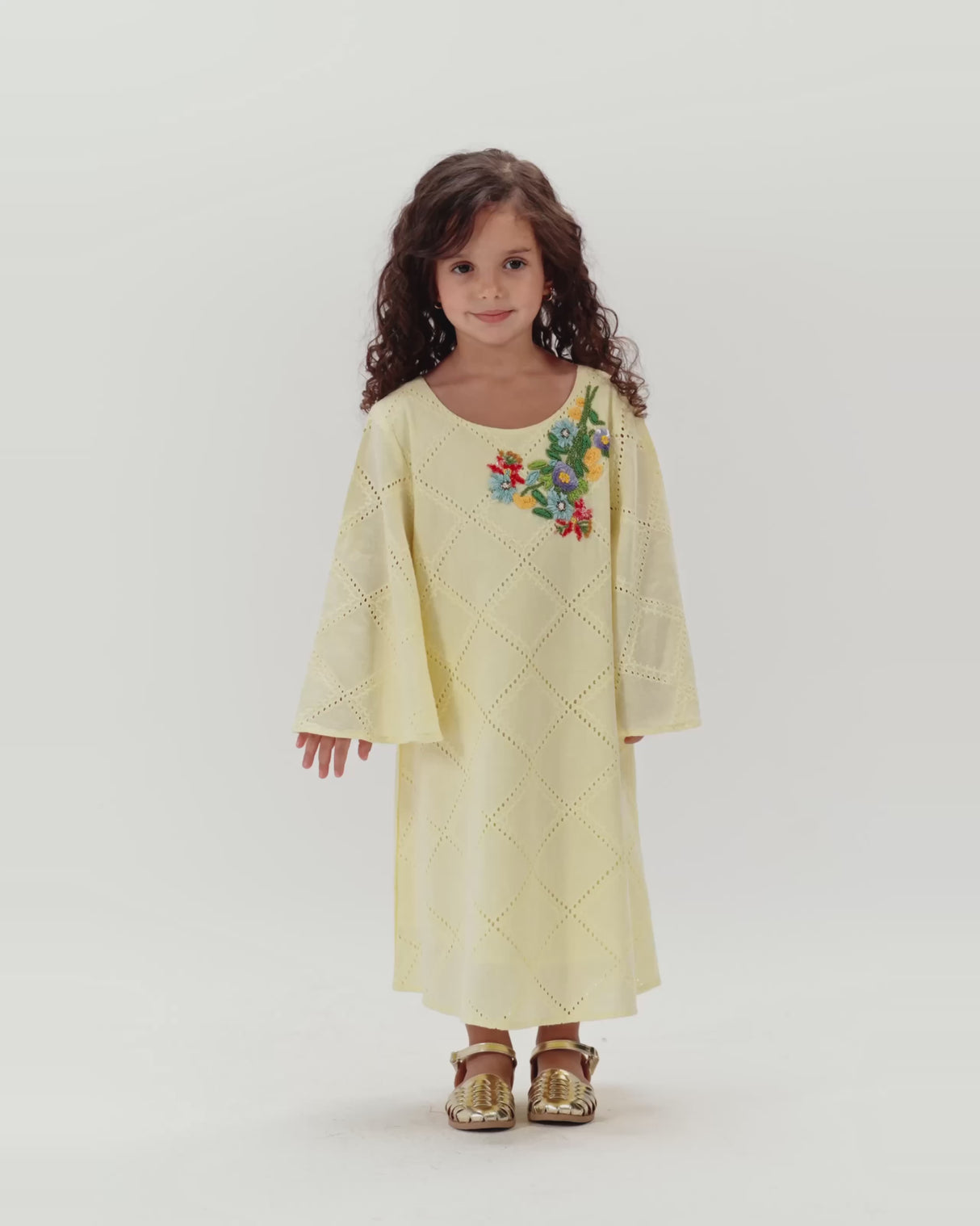 Loose Eyelet Cotton Kids Dress with Handmade Beaded & Sequin Embellishments