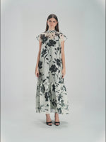 فستان ماكسي أورغانزا مزهر مع ربطة خلفية