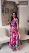 طقم بلوزة وتنورة من الميش بطبعة زهور تجريدية مع حزام خرز