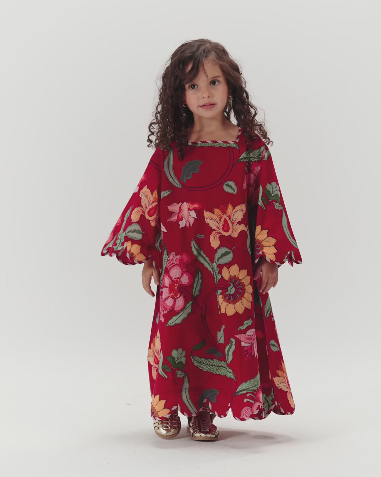 Printed Cotton Kids Dress with Relaxed Fit and Scalloped Edges - Burgundy