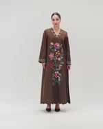 Brown Linen Kaftan with Hand Embellishments and Scalloped Edges