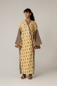 Printed Cotton Green Check Mixed Print Kimono Abaya - Noētic