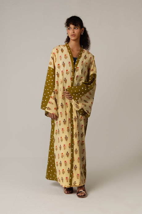 Printed Cotton Green Polka Dots Mixed Print Kimono Abaya - Noētic