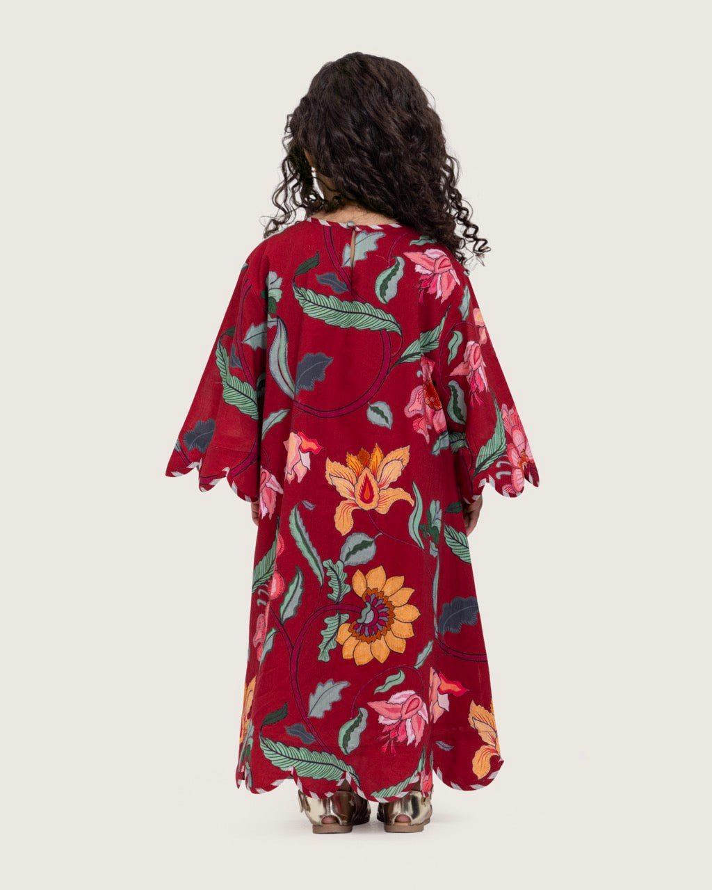 Printed Cotton Kids Dress with Relaxed Fit and Scalloped Edges - Burgundy - Noētic