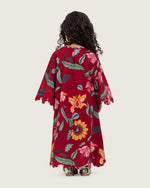 Printed Cotton Kids Dress with Relaxed Fit and Scalloped Edges - Burgundy - Noētic
