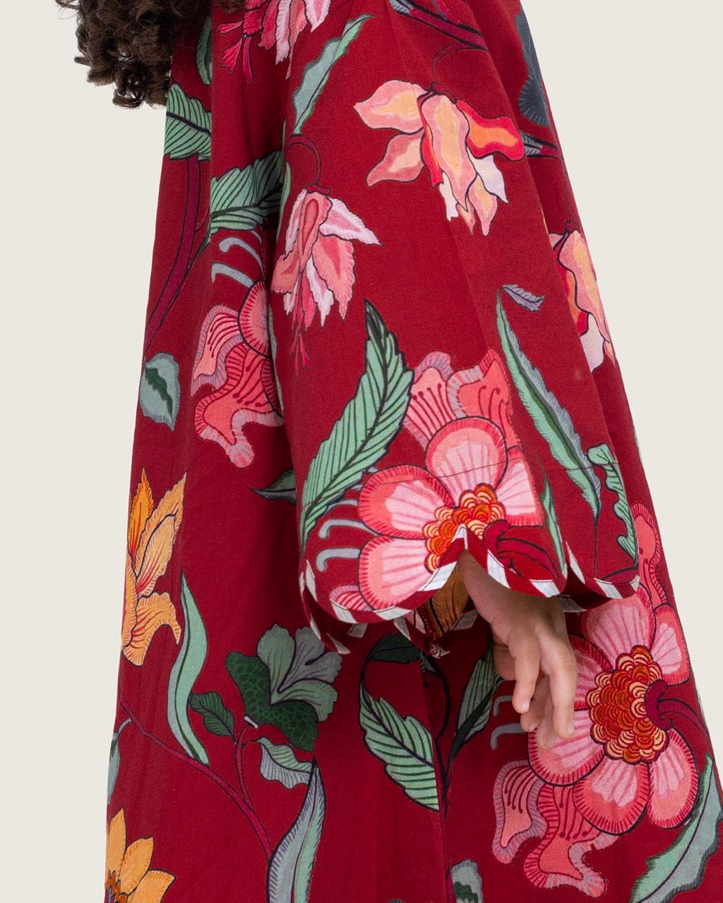Printed Cotton Kids Dress with Relaxed Fit and Scalloped Edges - Burgundy - Noētic