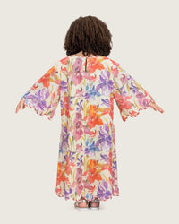 Printed Cotton Kids Dress with Relaxed Fit and Scalloped Edges - Peach - Noētic