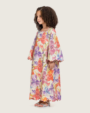 Printed Cotton Kids Dress with Relaxed Fit and Scalloped Edges - Peach - Noētic