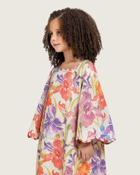 Printed Cotton Kids Dress with Relaxed Fit and Scalloped Edges - Peach - Noētic