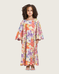 Printed Cotton Kids Dress with Relaxed Fit and Scalloped Edges - Peach - Noētic