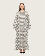 Printed Cotton Kimono Abaya Dress Set with Metalic Threads - Blue - Noētic
