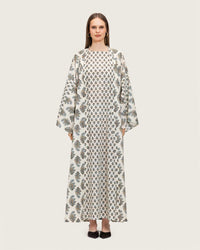 Printed Cotton Kimono Abaya Dress Set with Metalic Threads - Blue - Noētic