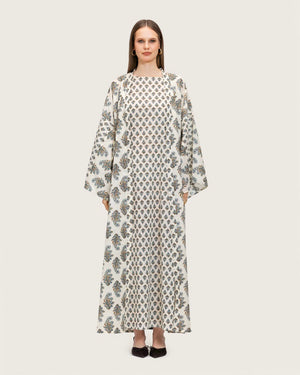 Printed Cotton Kimono Abaya Dress Set with Metalic Threads - Blue - Noētic