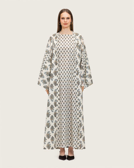 Printed Cotton Kimono Abaya Dress Set with Metalic Threads - Blue - Noētic