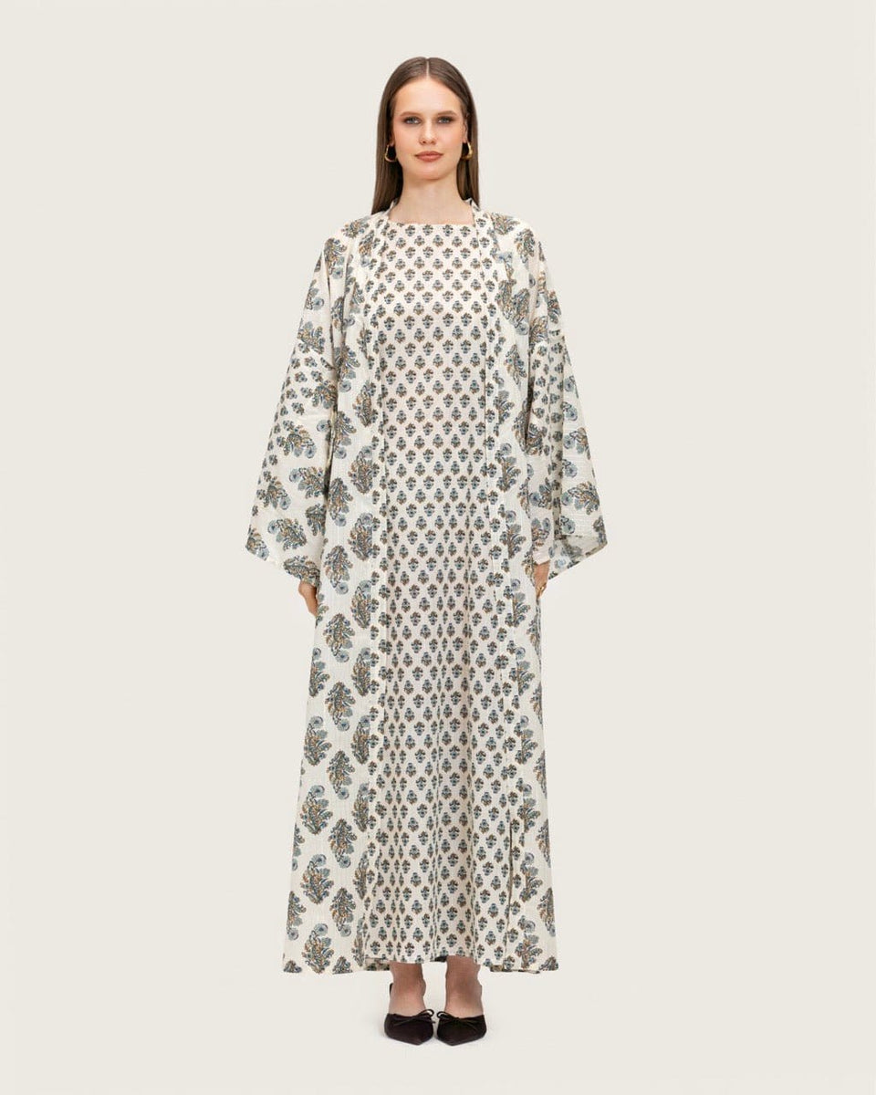 Printed Cotton Kimono Abaya Dress Set with Metalic Threads - Blue - Noētic