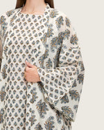 Printed Cotton Kimono Abaya Dress Set with Metalic Threads - Blue - Noētic