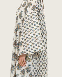 Printed Cotton Kimono Abaya Dress Set with Metalic Threads - Blue - Noētic