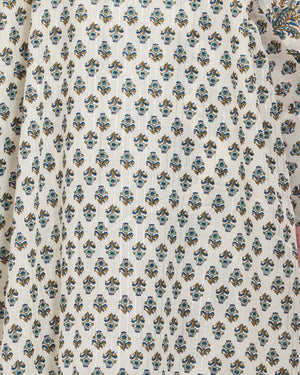 Printed Cotton Kimono Abaya Dress Set with Metalic Threads - Blue - Noētic