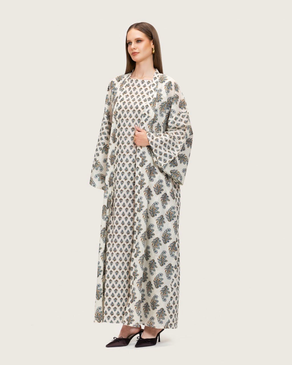 Printed Cotton Kimono Abaya Dress Set with Metalic Threads - Blue - Noētic