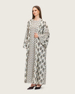 Printed Cotton Kimono Abaya Dress Set with Metalic Threads - Blue - Noētic