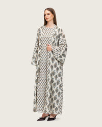 Printed Cotton Kimono Abaya Dress Set with Metalic Threads - Blue - Noētic