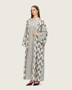 Printed Cotton Kimono Abaya Dress Set with Metalic Threads - Blue - Noētic