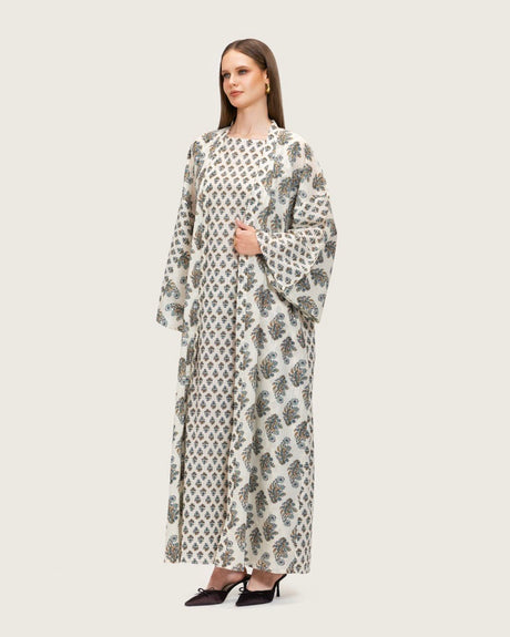 Printed Cotton Kimono Abaya Dress Set with Metalic Threads - Blue - Noētic