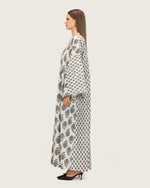Printed Cotton Kimono Abaya Dress Set with Metalic Threads - Blue - Noētic