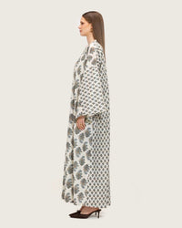 Printed Cotton Kimono Abaya Dress Set with Metalic Threads - Blue - Noētic