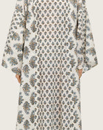 Printed Cotton Kimono Abaya Dress Set with Metalic Threads - Blue - Noētic