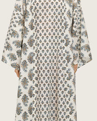 Printed Cotton Kimono Abaya Dress Set with Metalic Threads - Blue - Noētic