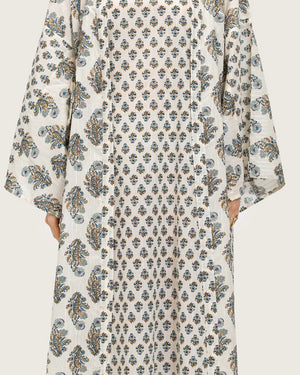 Printed Cotton Kimono Abaya Dress Set with Metalic Threads - Blue - Noētic